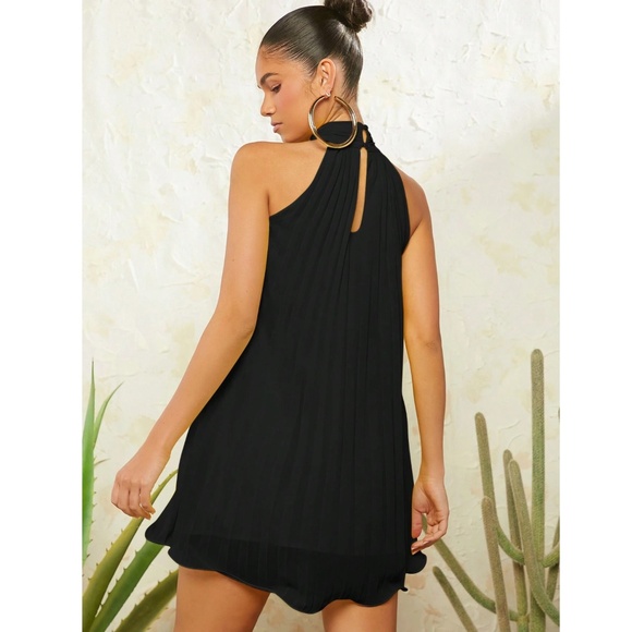 Pleated Black Mini Dress Tie Neck Short A-Line Flared - Picture 3 of 16
